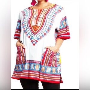 Woman’s  White Dashiki-Style Short Sleeve Shirt with Multicolor Tribal Print
